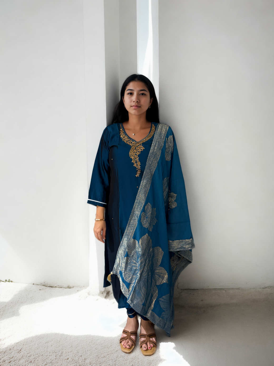 Peacock Blue Rangila Silk Suit with Hand Embroidery & Foil Muslin Dupatta