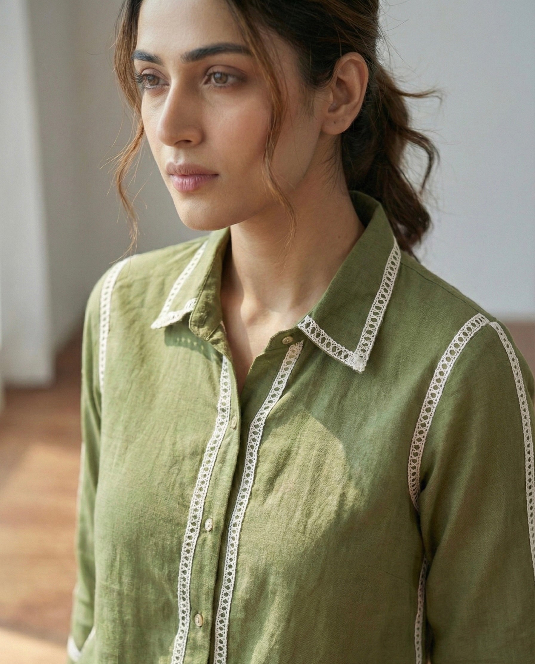 The Olive Aura: Handcrafted Khadi Cotton Co-ord Set with Lace Detailing