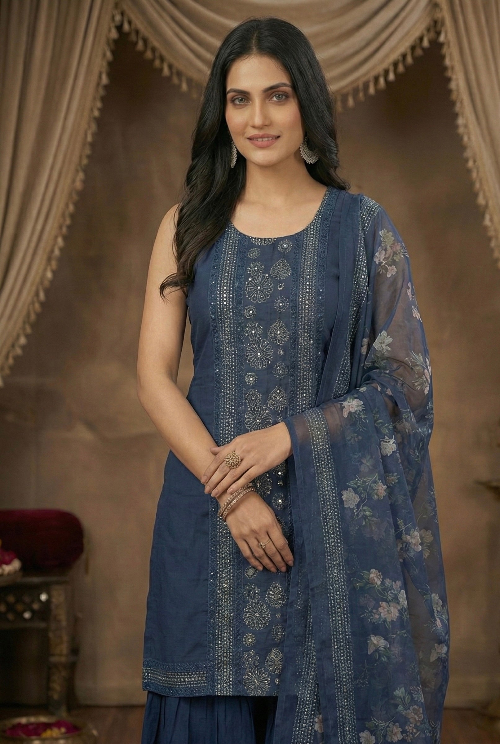 The Midnight Sapphire: Navy Blue Roman Silk Sharara Set with Floral Organza Dupatta