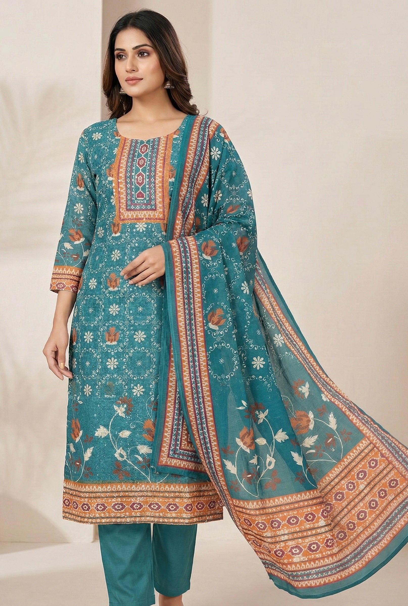 Teal Bagh Printed Cotton Suit with Mul Lining