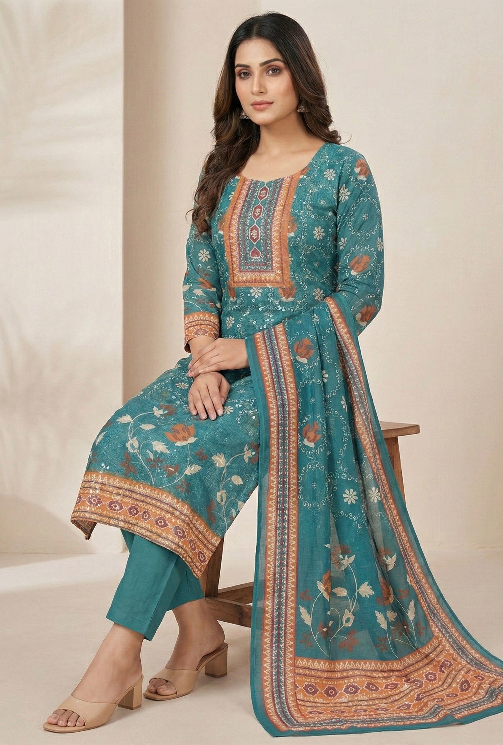 Teal Bagh Printed Cotton Suit with Mul Lining