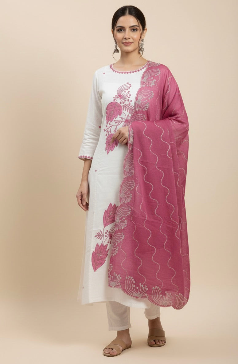 Ivory Floral Printed Roman Silk Kurta Set with Rose Pink Dupatta