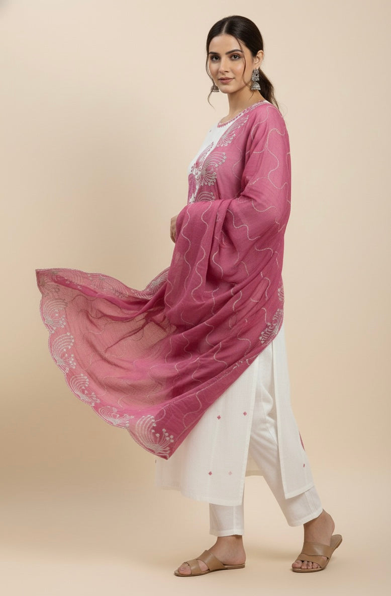 Ivory Floral Printed Roman Silk Kurta Set with Rose Pink Dupatta