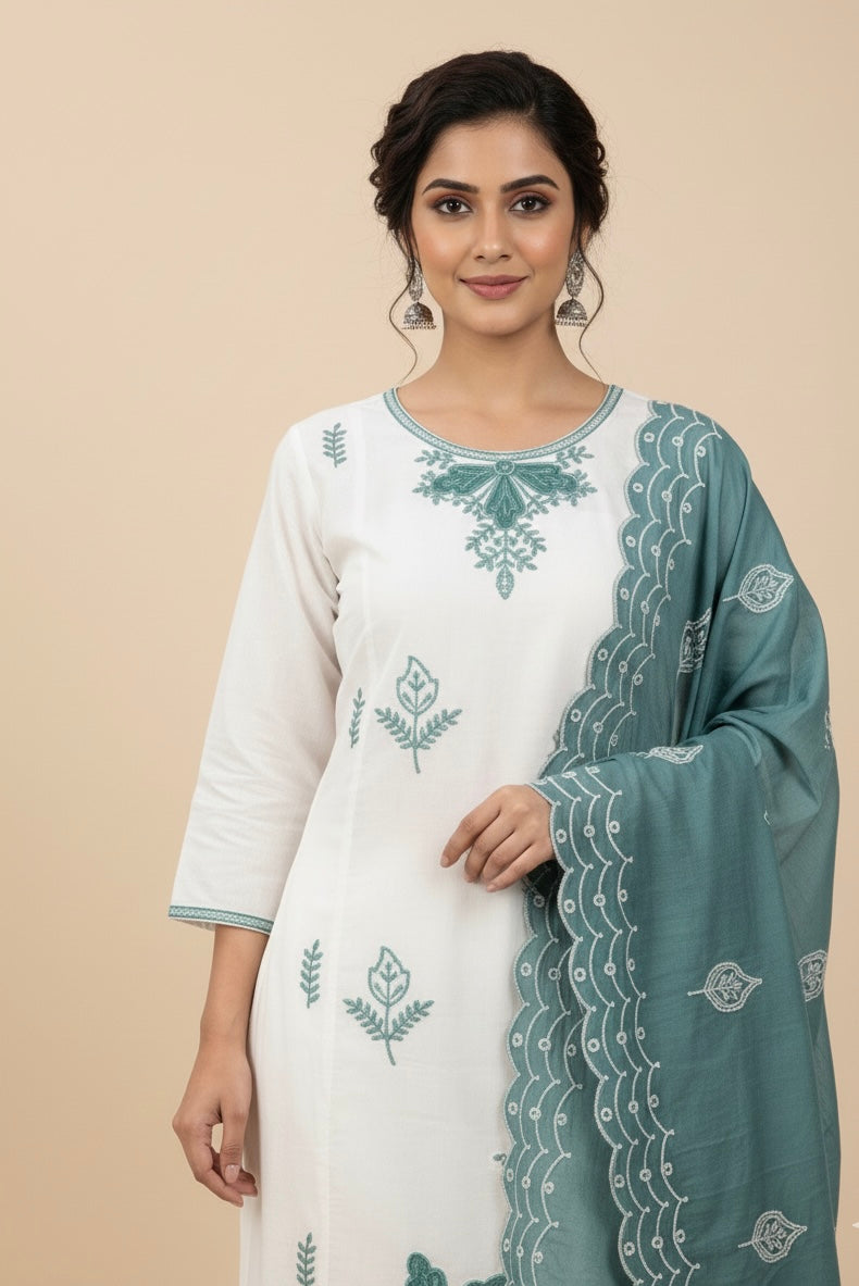 Ivory Embroidered Roman Silk Kurta Set with Teal Green Dupatta