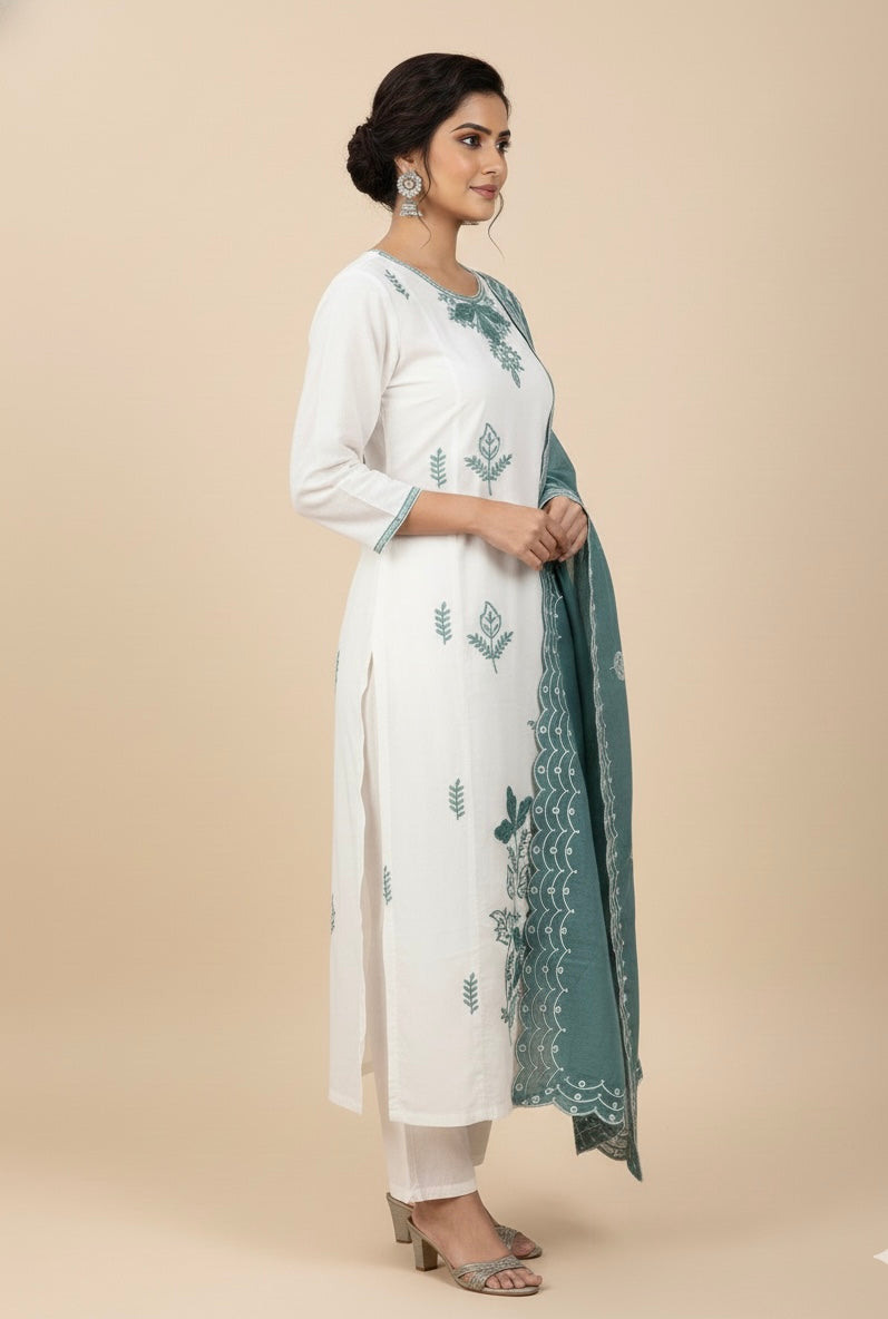 Ivory Embroidered Roman Silk Kurta Set with Teal Green Dupatta