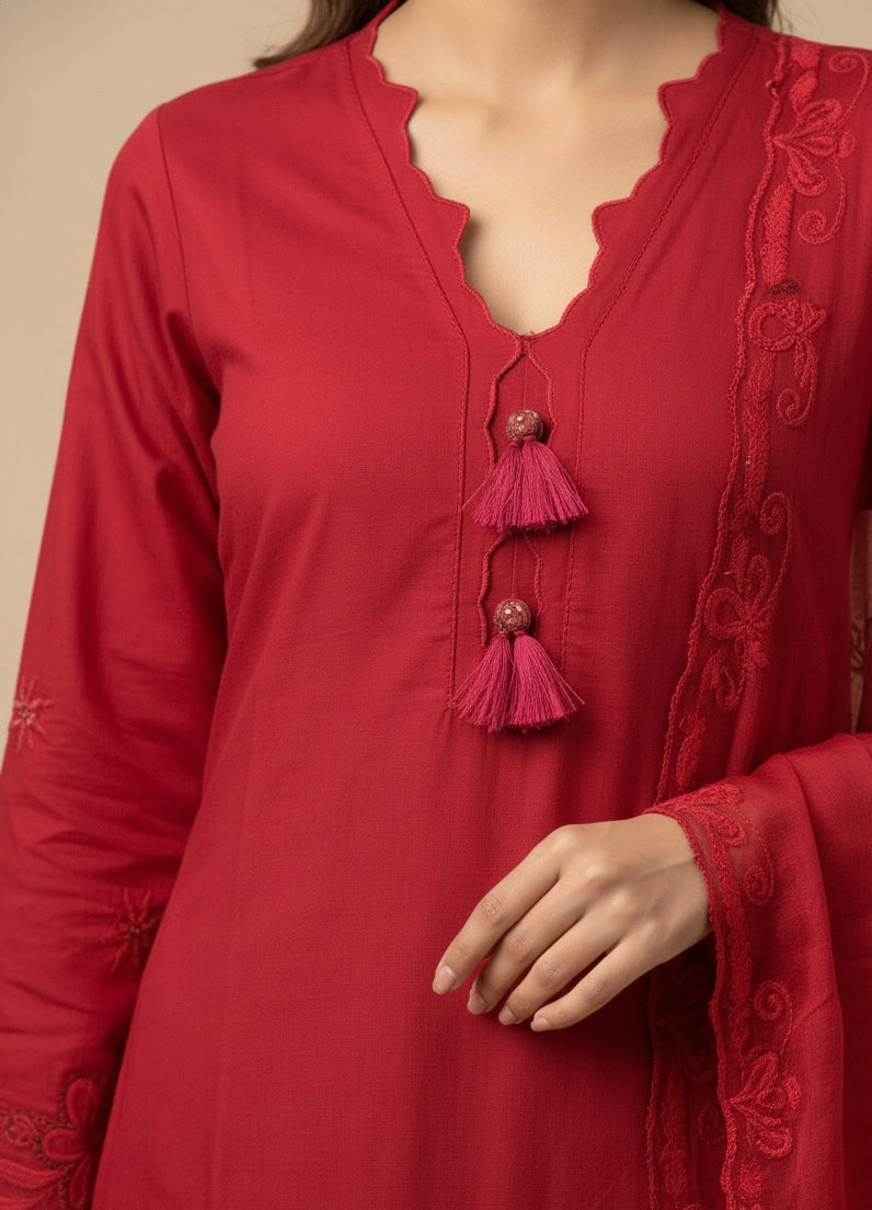 Silk Suit Set with Embroidered Organza Dupatta – Available in Red & Wine