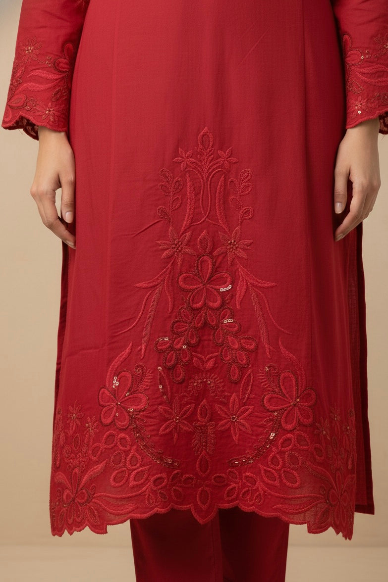 Silk Suit Set with Embroidered Organza Dupatta – Available in Red & Wine