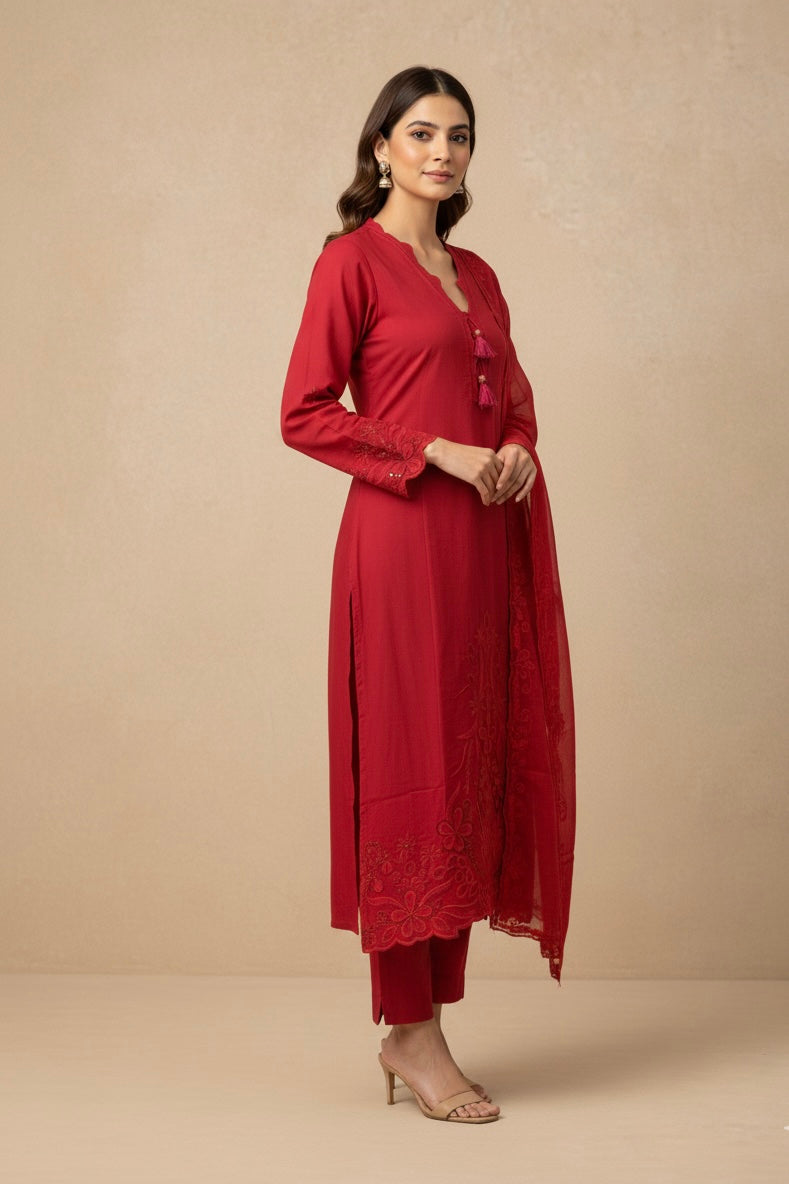 Silk Suit Set with Embroidered Organza Dupatta – Available in Red & Wine