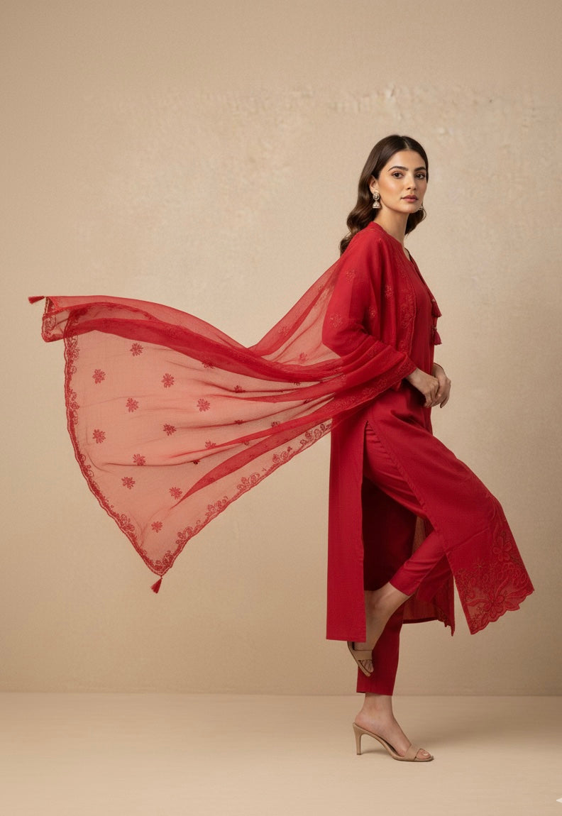 Silk Suit Set with Embroidered Organza Dupatta – Available in Red & Wine