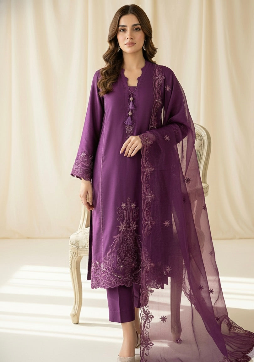 Silk Suit Set with Embroidered Organza Dupatta – Available in Red & Wine