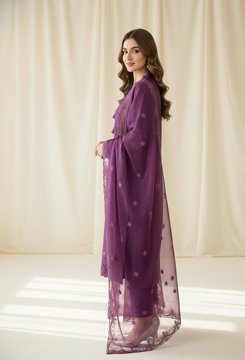 Silk Suit Set with Embroidered Organza Dupatta – Available in Red & Wine