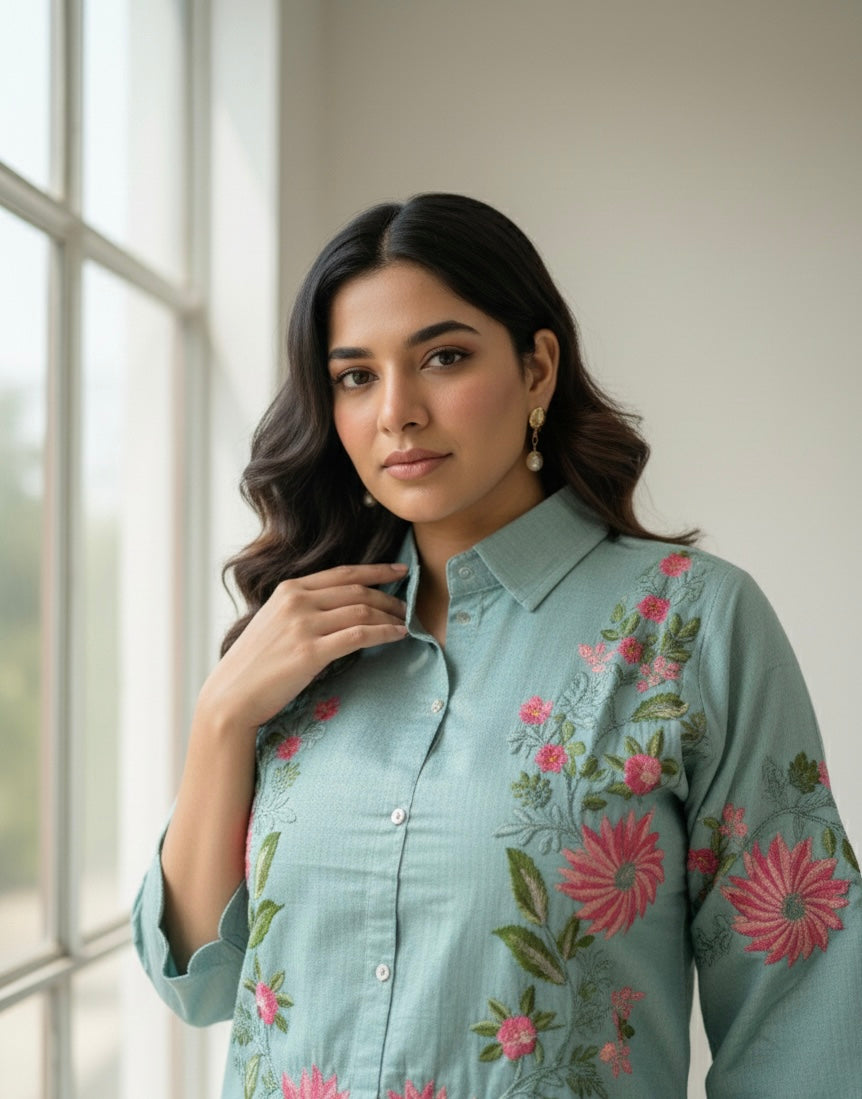 Floral Grace Embroidered Coord Set in Vatican Silk (With Inner)