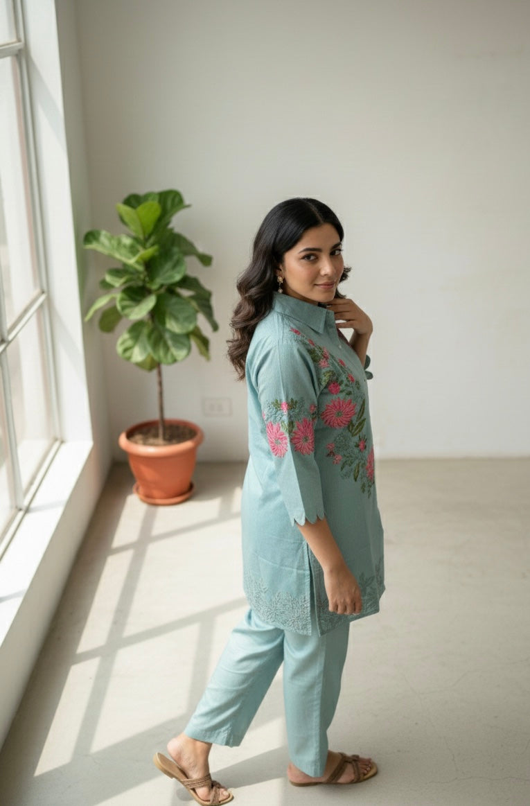 Floral Grace Embroidered Coord Set in Vatican Silk (With Inner)