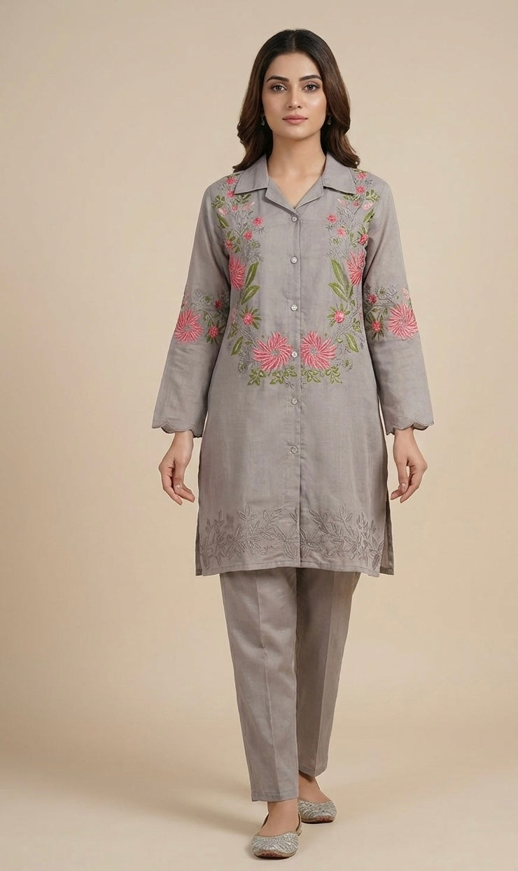 Floral Grace Embroidered Coord Set in Vatican Silk (With Inner)