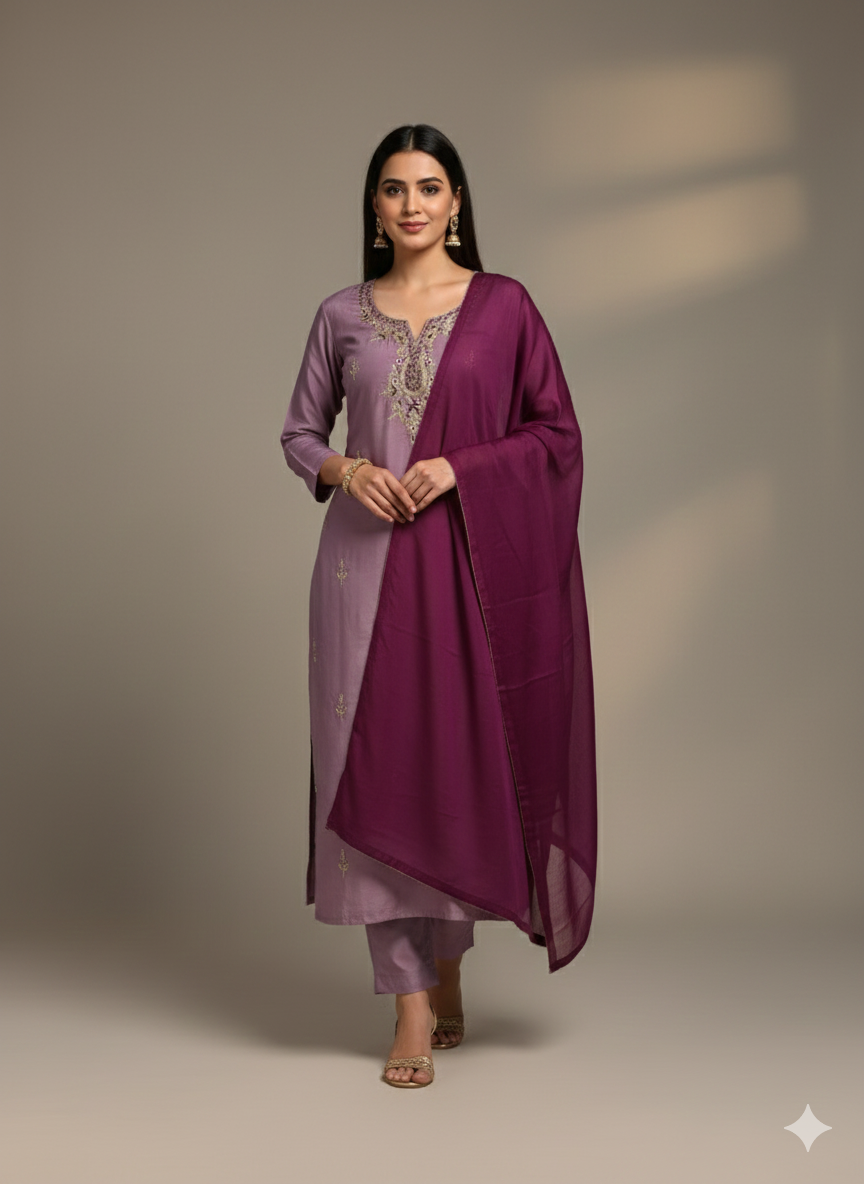 Rangila Silk Suit with Handwork Neck & Pure Naznin Dupatta