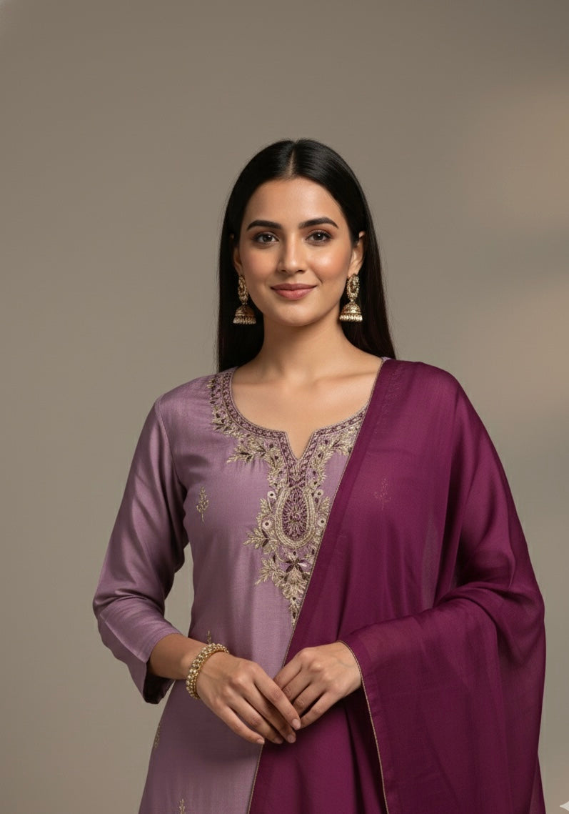 Rangila Silk Suit with Handwork Neck & Pure Naznin Dupatta