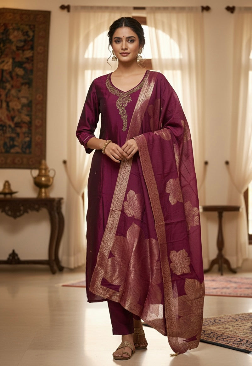 Rangila Silk Suit Set with Handwork & Muslin Dupatta (Latkan Detail) – M to XXL