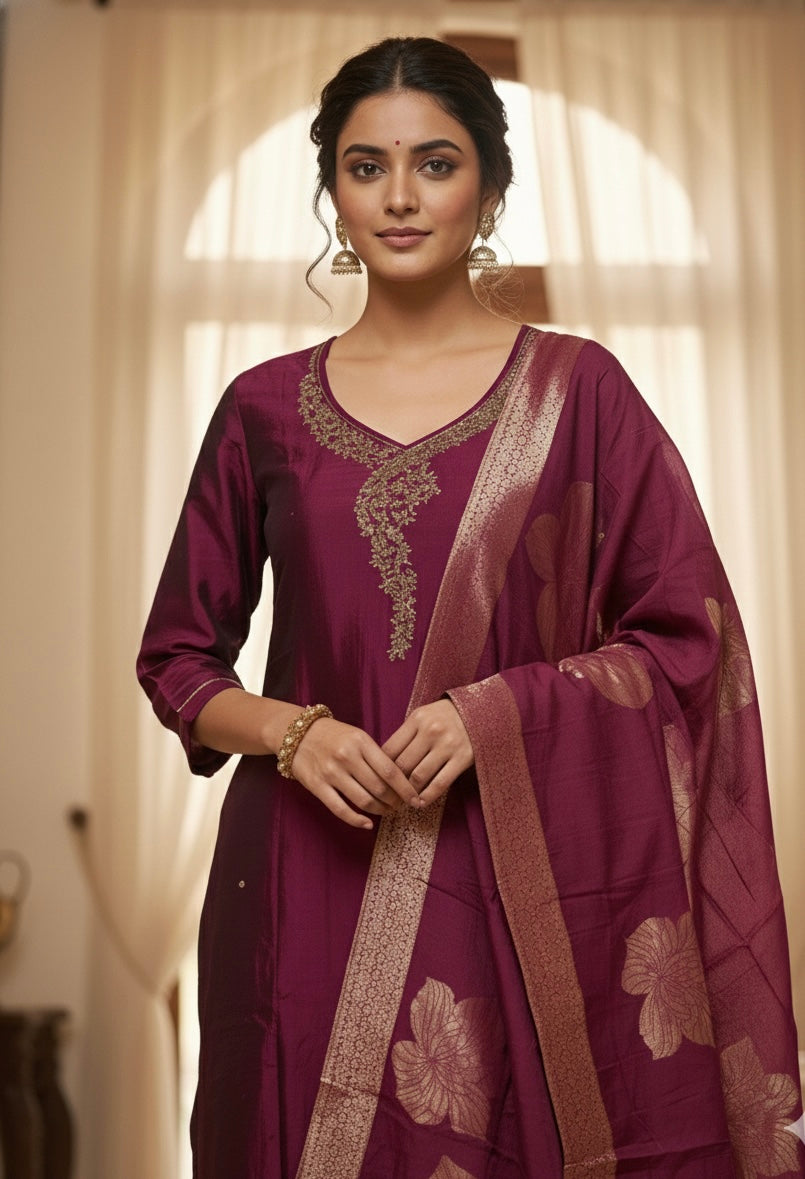 Rangila Silk Suit Set with Handwork & Muslin Dupatta (Latkan Detail) – M to XXL