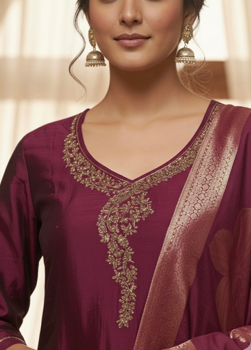 Rangila Silk Suit Set with Handwork & Muslin Dupatta (Latkan Detail) – M to XXL