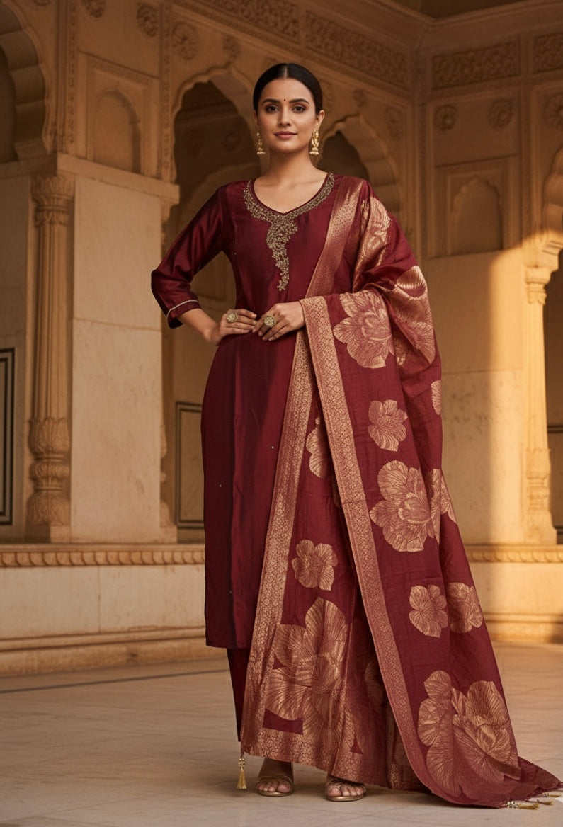 Rangila Silk Suit Set with Handwork & Muslin Dupatta (Latkan Detail) – M to XXL