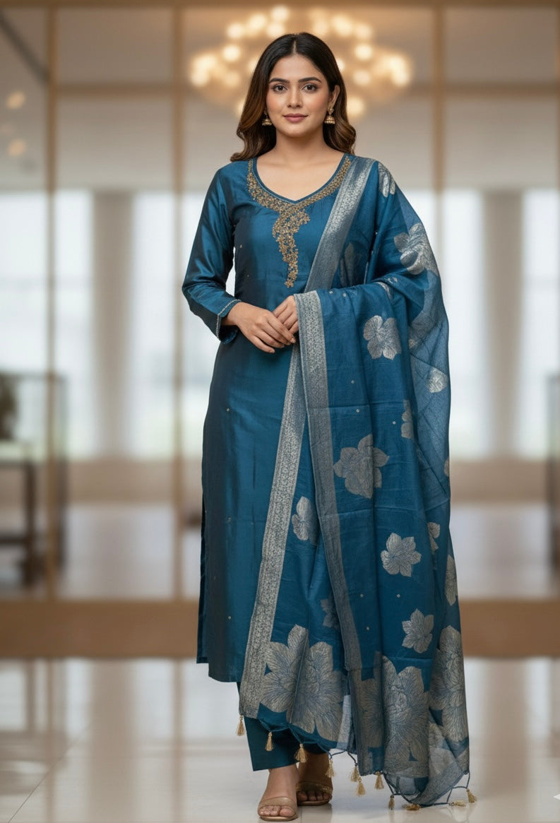 Rangila Silk Suit Set with Handwork & Muslin Dupatta (Latkan Detail) – M to XXL