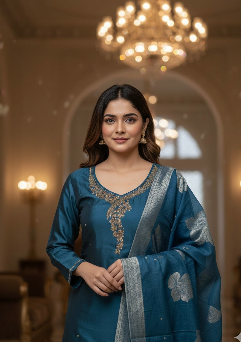 Rangila Silk Suit Set with Handwork & Muslin Dupatta (Latkan Detail) – M to XXL