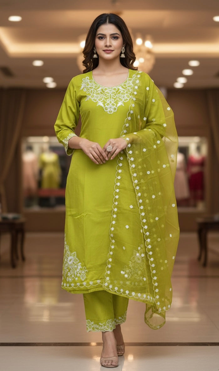 Elegant Roman Silk Embroidered Kurta Set with Organza Work Dupatta – Limited Edition