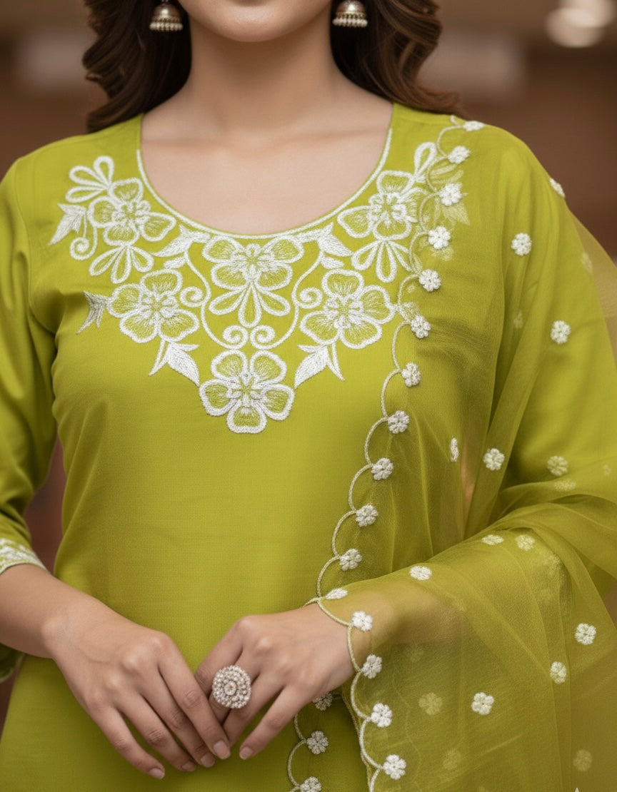 Elegant Roman Silk Embroidered Kurta Set with Organza Work Dupatta – Limited Edition