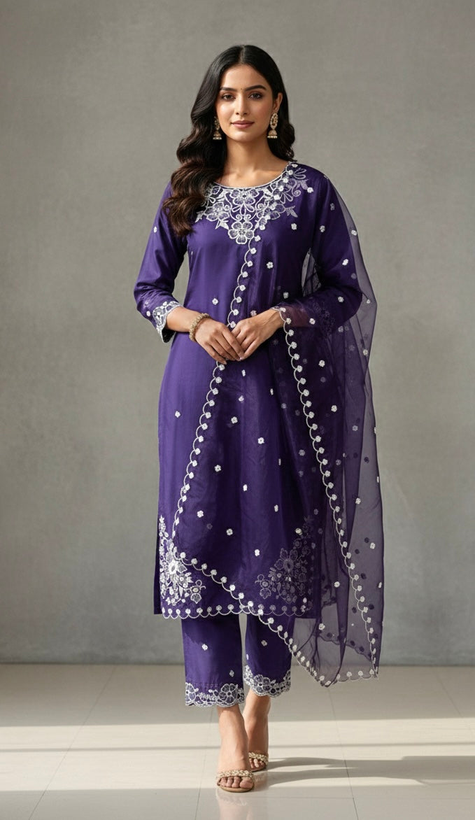 Elegant Roman Silk Embroidered Kurta Set with Organza Work Dupatta – Limited Edition