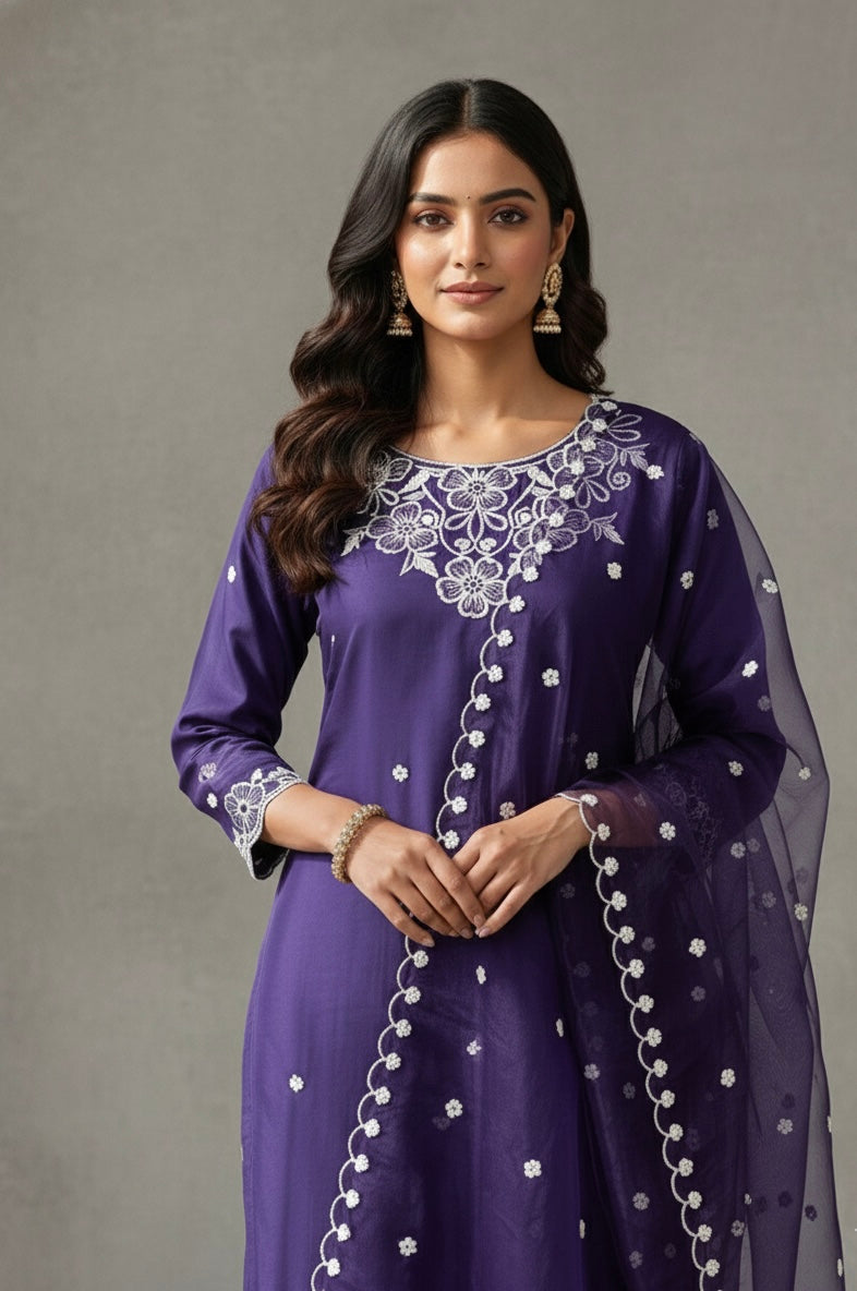 Elegant Roman Silk Embroidered Kurta Set with Organza Work Dupatta – Limited Edition