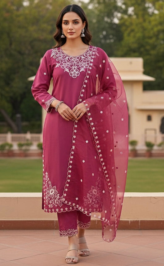 Elegant Roman Silk Embroidered Kurta Set with Organza Work Dupatta – Limited Edition