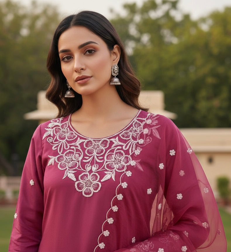 Elegant Roman Silk Embroidered Kurta Set with Organza Work Dupatta – Limited Edition