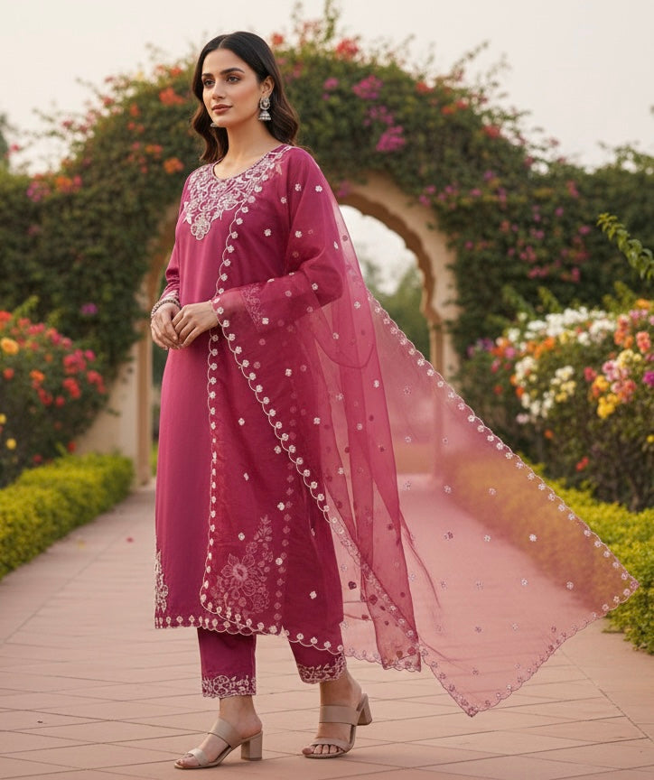 Elegant Roman Silk Embroidered Kurta Set with Organza Work Dupatta – Limited Edition