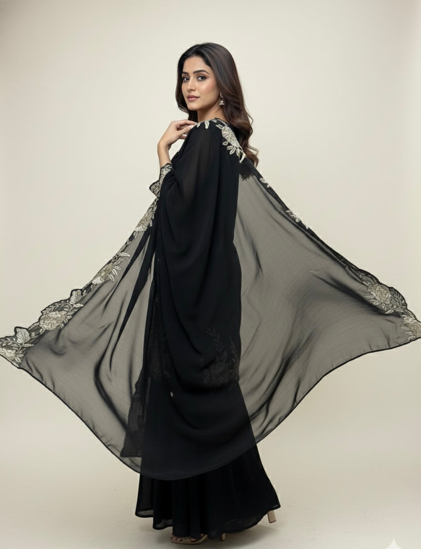Black Georgette Embroidered Kurta Palazzo Set with Cutwork Dupatta