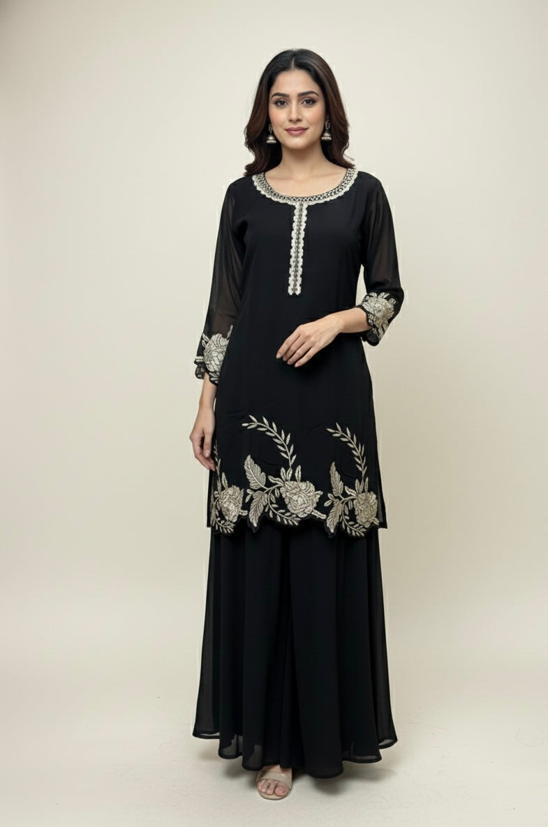 Black Georgette Embroidered Kurta Palazzo Set with Cutwork Dupatta