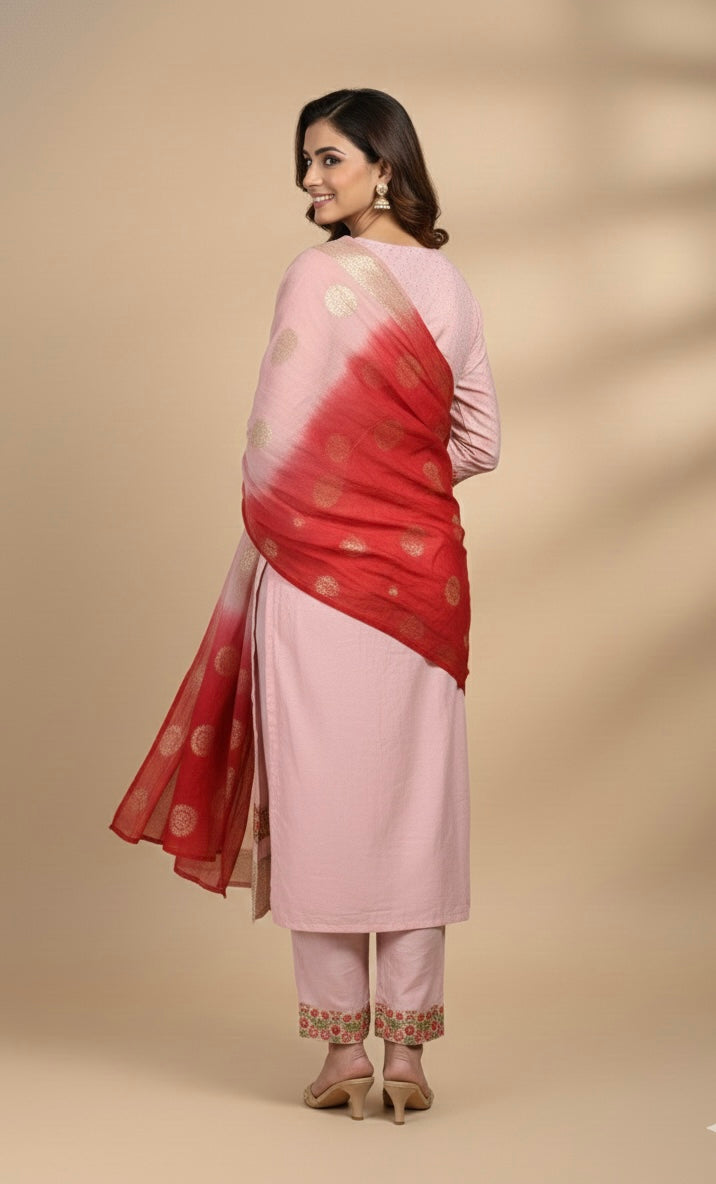 Elegant Roman Silk Suit with Chicken Work & Jacquard Dupatta