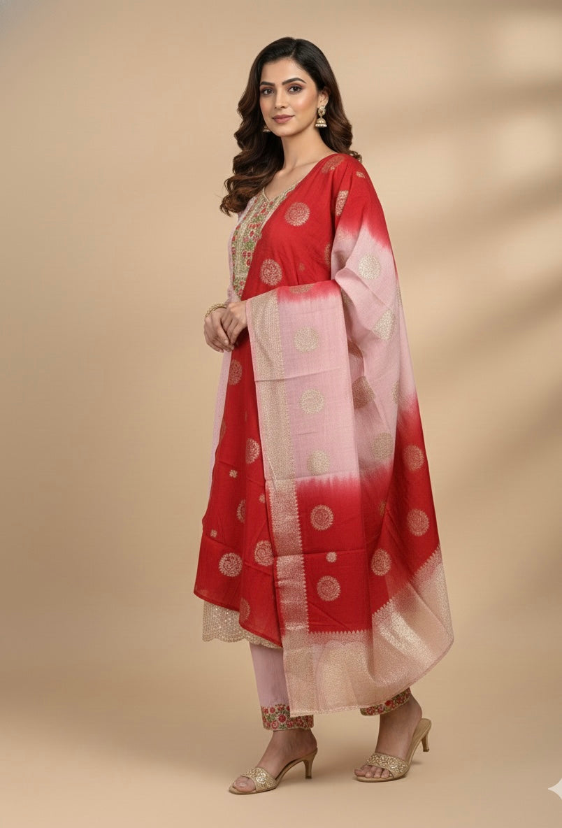 Elegant Roman Silk Suit with Chicken Work & Jacquard Dupatta