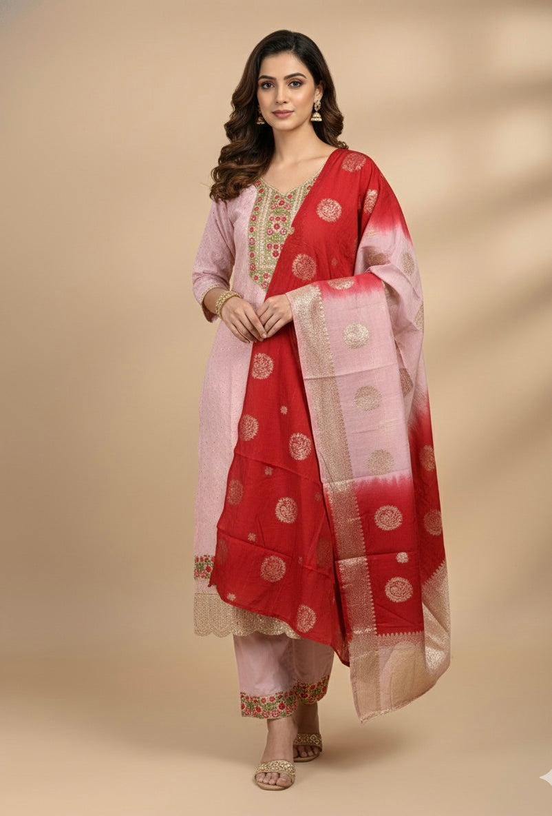Elegant Roman Silk Suit with Chicken Work & Jacquard Dupatta
