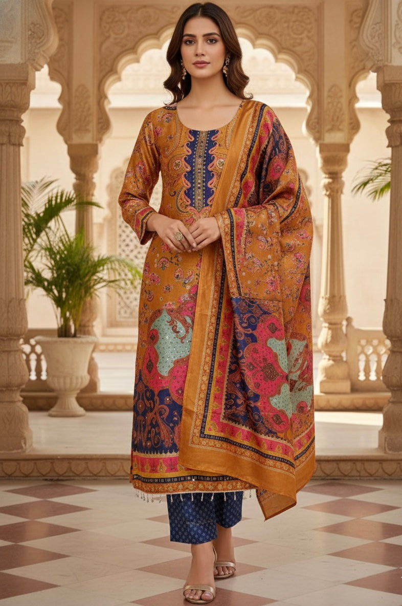 Gadwal Silk Print 3-Piece Suit Set — Saffron Paisley with Mirror Work