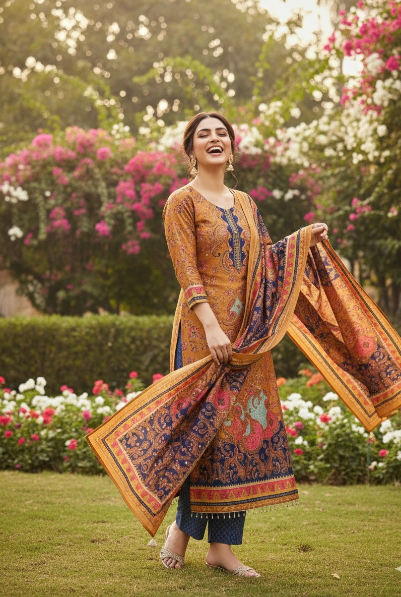 Gadwal Silk Print 3-Piece Suit Set — Saffron Paisley with Mirror Work
