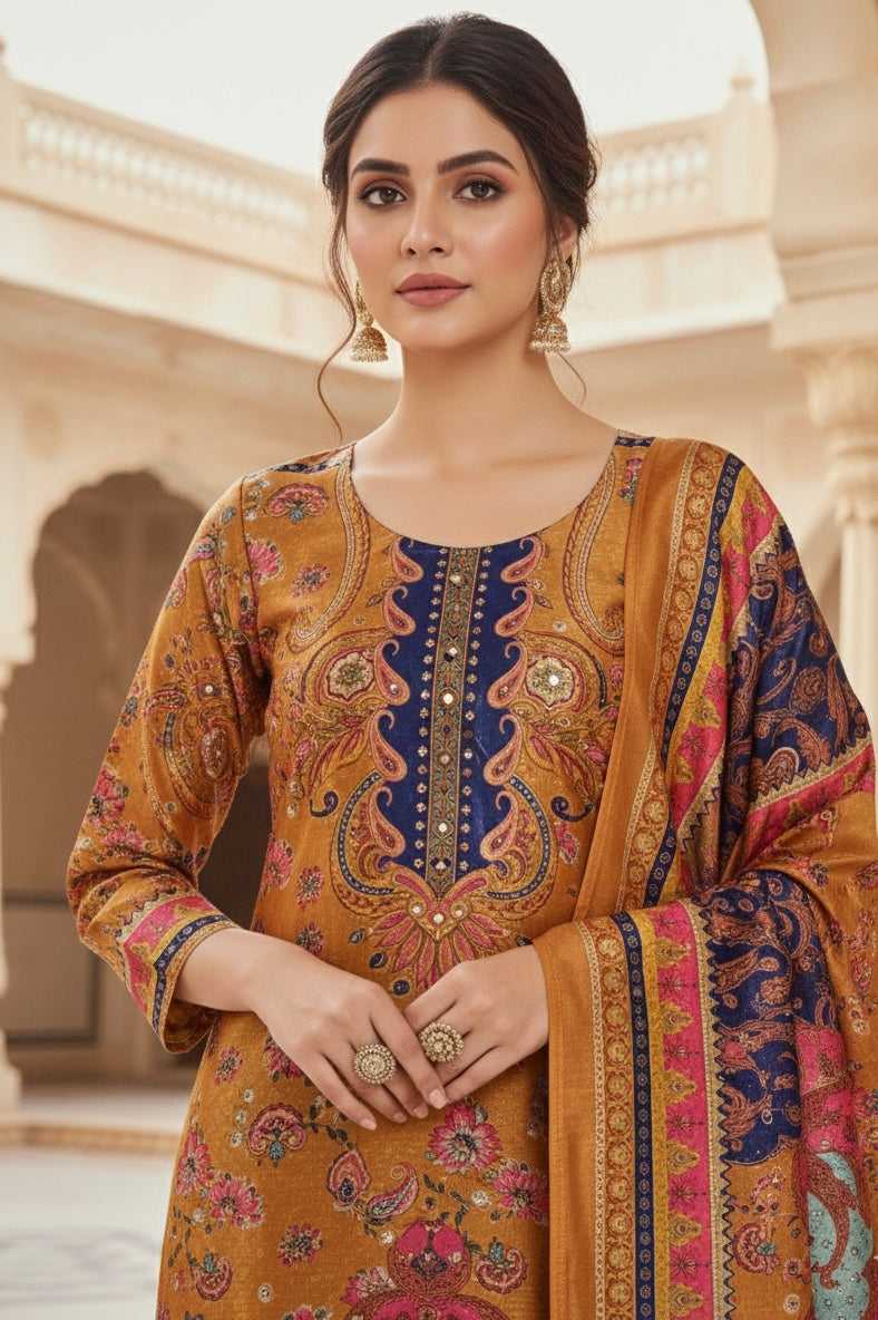 Gadwal Silk Print 3-Piece Suit Set — Saffron Paisley with Mirror Work
