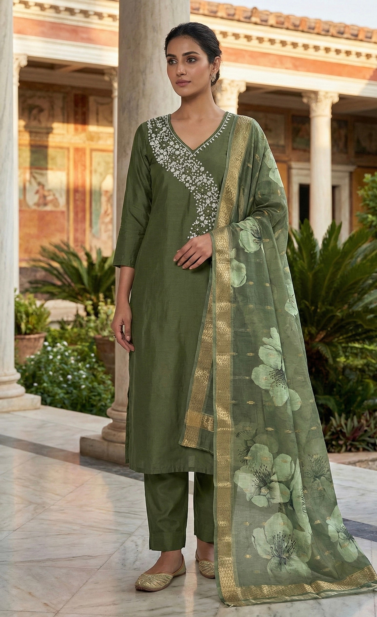 MeeraSetu Roman Elegance – Rose Pink Handwork Kurti Set with Chanderi Dupatta