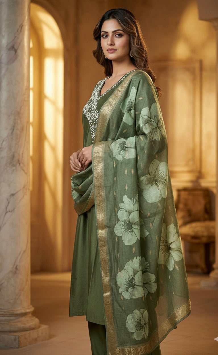 MeeraSetu Roman Elegance – Rose Pink Handwork Kurti Set with Chanderi Dupatta