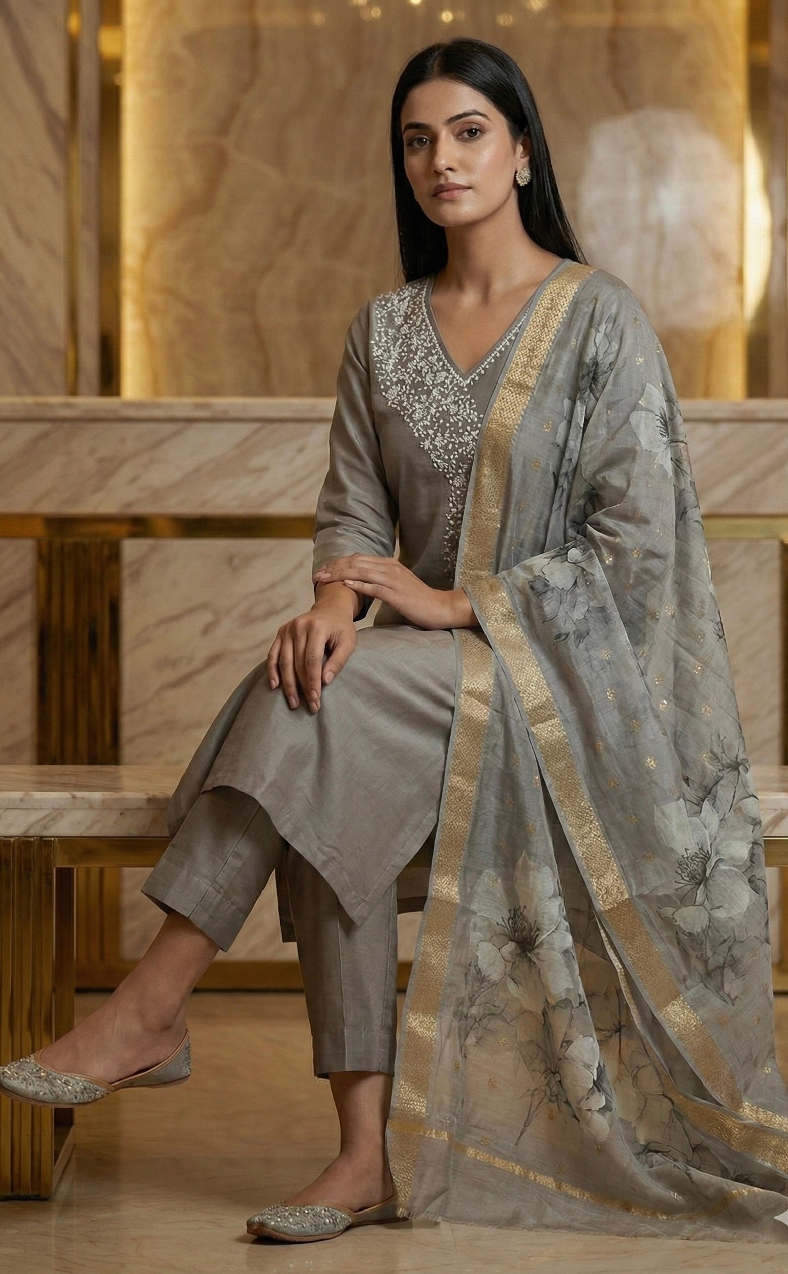 MeeraSetu Roman Elegance – Rose Pink Handwork Kurti Set with Chanderi Dupatta