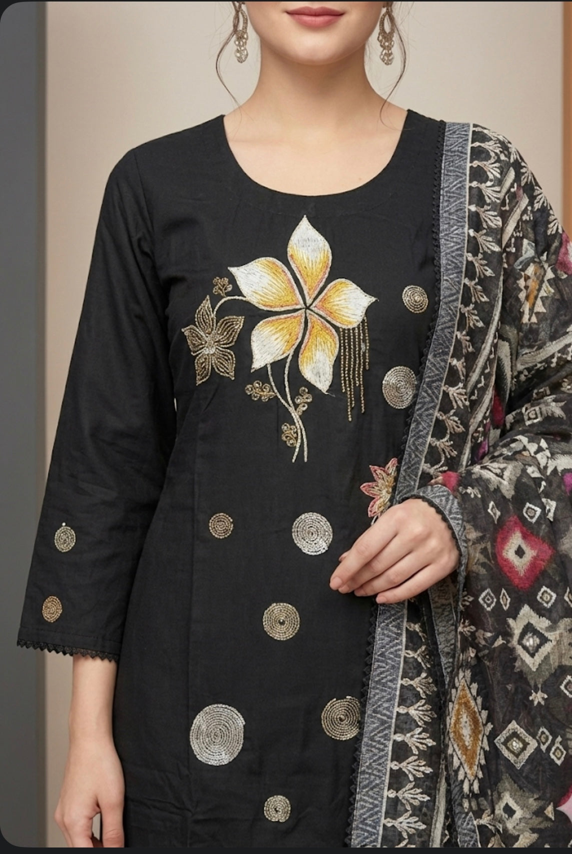 Midnight Bloom Cotton Suit Set with Digital Embroidery | Signature Collection
