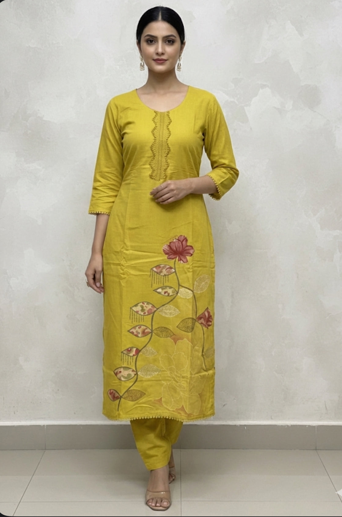 Mustard Yellow Cotton Suit with Digital Embroidery & Printed Dupatta | Signature Collection