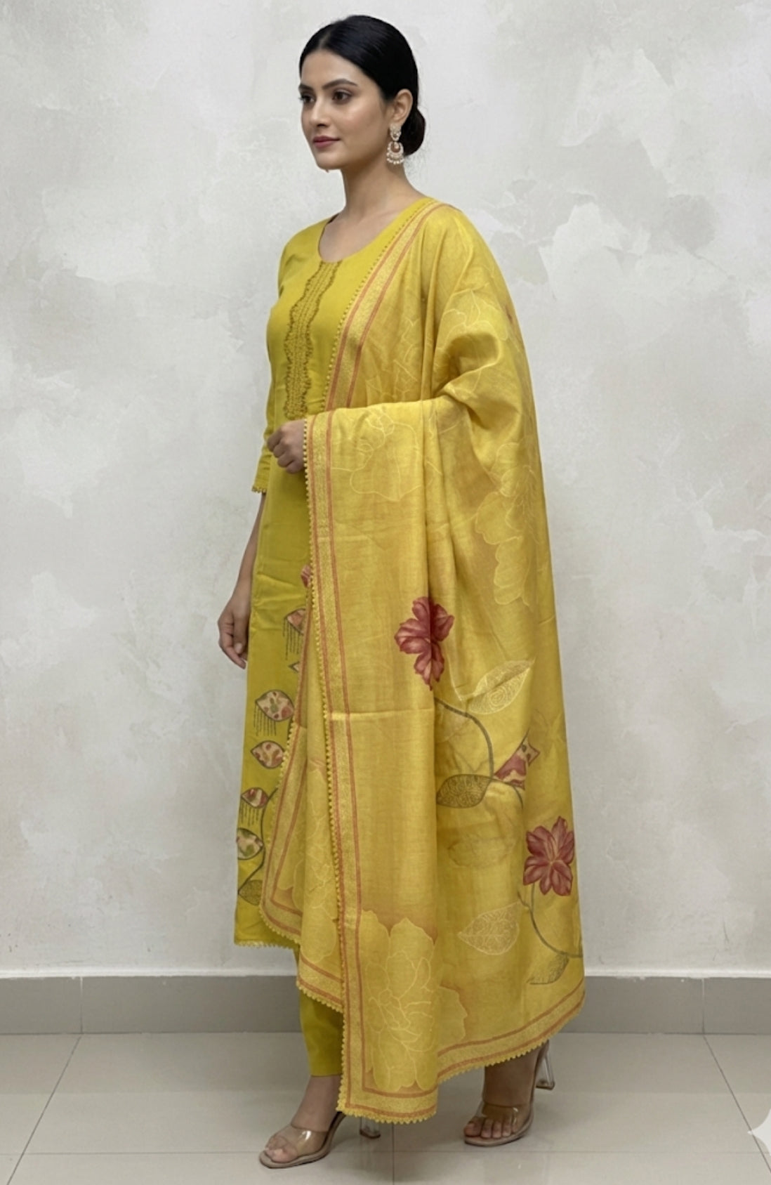Mustard Yellow Cotton Suit with Digital Embroidery & Printed Dupatta | Signature Collection