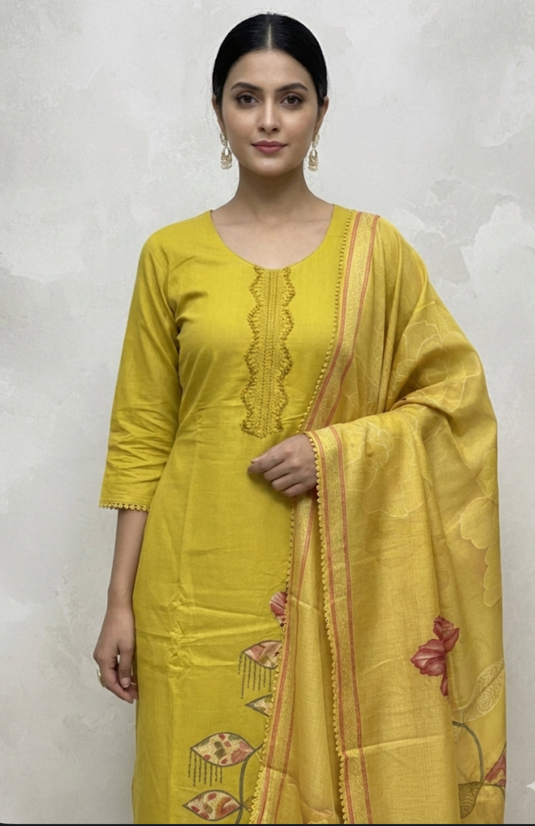 Mustard Yellow Cotton Suit with Digital Embroidery & Printed Dupatta | Signature Collection