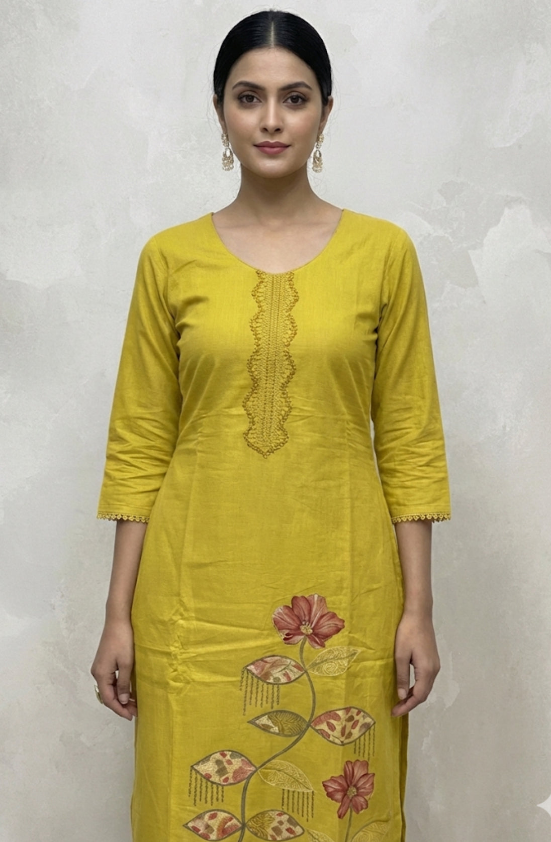 Mustard Yellow Cotton Suit with Digital Embroidery & Printed Dupatta | Signature Collection