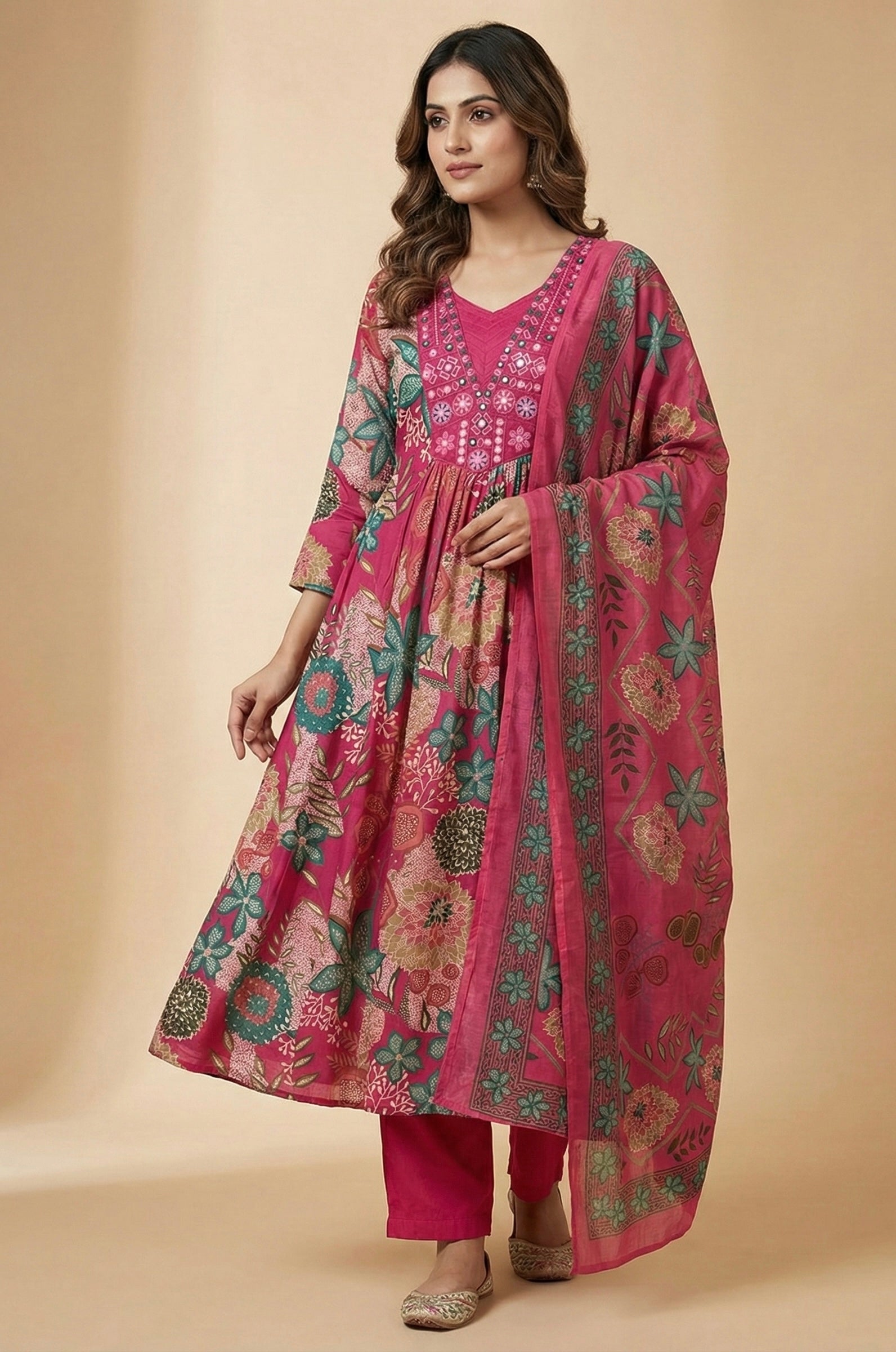 Cotton Ghera 3-Piece Suit Set with Embroidered Neck